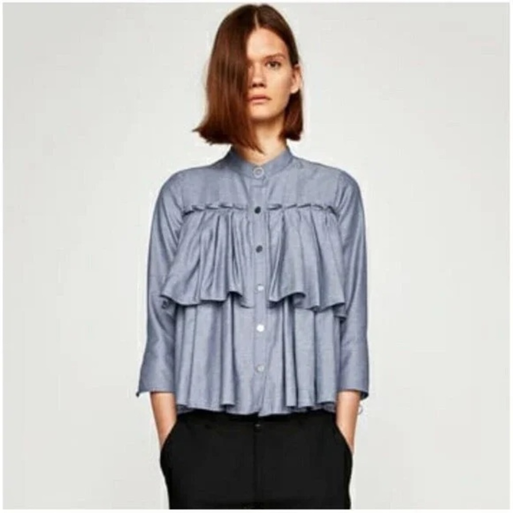Zara-‎ Light Blue Western Style Ruffled Blouse Size M
